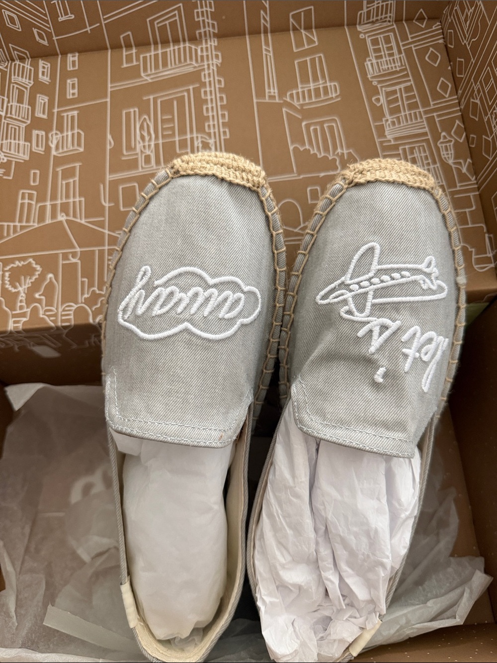***Brand New***  SOLUDOS Gray Espadrille Slip-Ons with White Script Embroidered